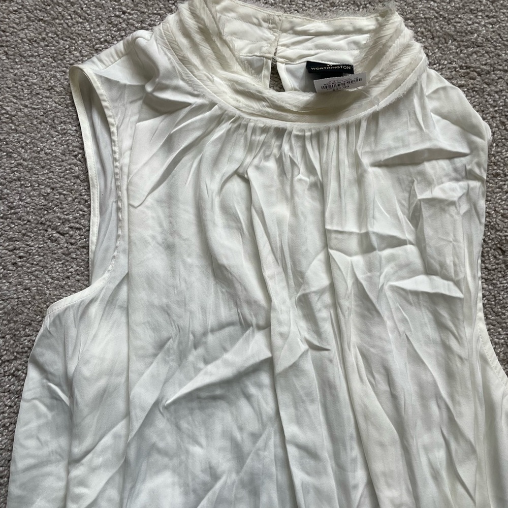 Worthington Ivory Sleeveless Pleated Mock Neck Blouse